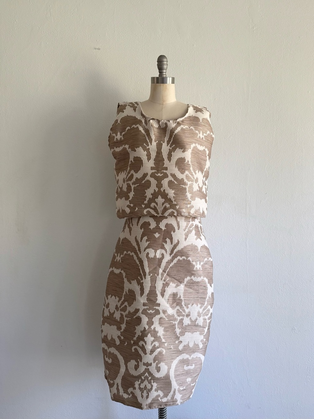 Sleeveless Brown and Cream Damask Top and Skirt Two Piece Set